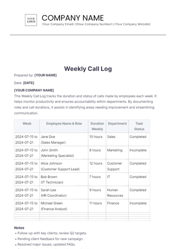 Free Weekly Call Log Template to Edit Online
