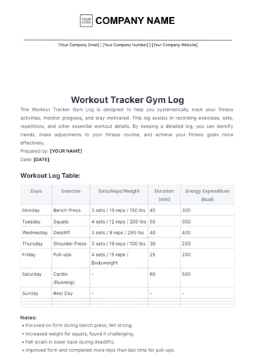 Free Workout Tracker Gym Log Template to Edit Online