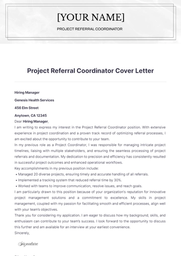 Free Project Referral Coordinator Cover Letter to Edit Online