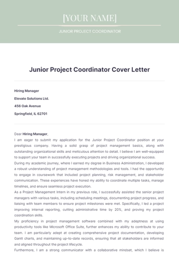 Free Junior Project Coordinator Cover Letter to Edit Online