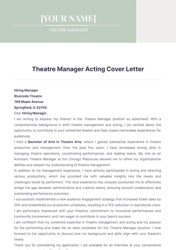 Free Theatre Manager Acting Cover Letter to Edit Online