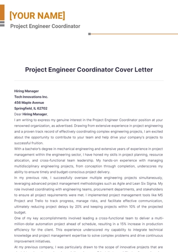 Free Project Engineer Coordinator Cover Letter to Edit Online
