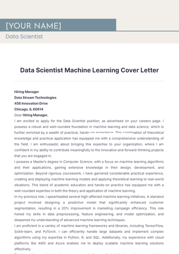 Free Data Scientist Machine Learning Cover Letter to Edit Online