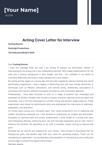 Free Acting Cover Letter for Interview to Edit Online
