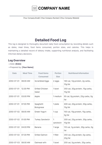 Free Detailed Food Log Template to Edit Online