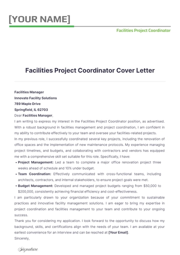 Free Facilities Project Coordinator Cover Letter to Edit Online