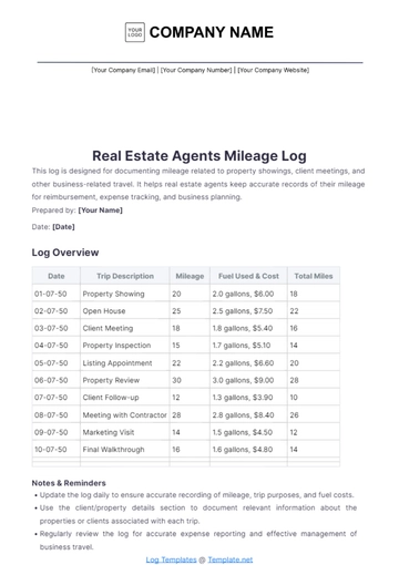 Free Real Estate Agents Mileage Log Template to Edit Online