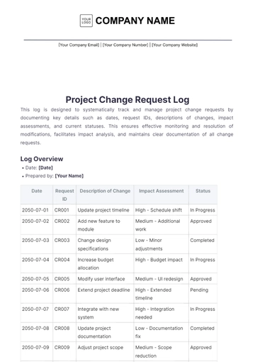 Free Project Change Request Log Template to Edit Online