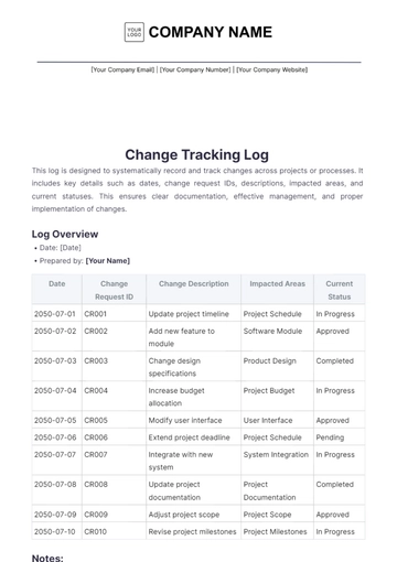 Free Change Tracking Log Template to Edit Online