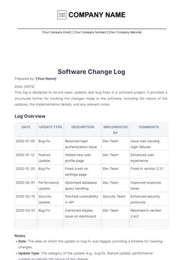 Free Software Change Log Template to Edit Online