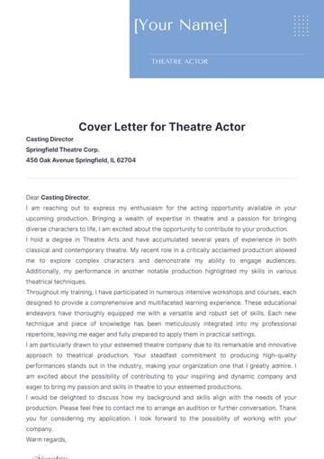 Free Cover Letter for Theatre Actor to Edit Online