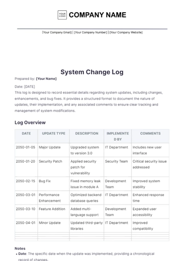 Free System Change Log Template to Edit Online
