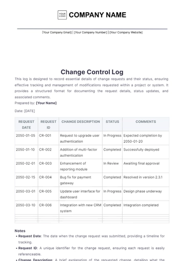 Free Change Control Log Template to Edit Online