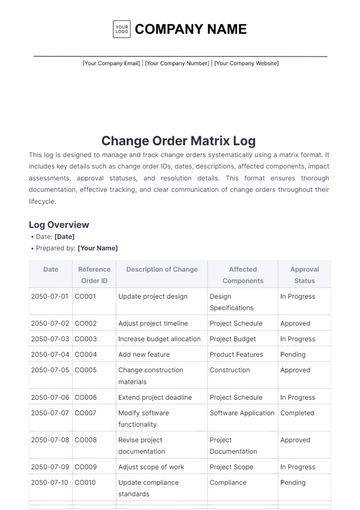 Free Change Order Matrix Log Template to Edit Online
