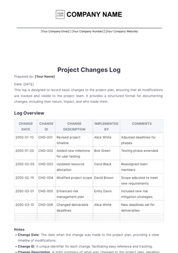 Free Project Change Log Template to Edit Online