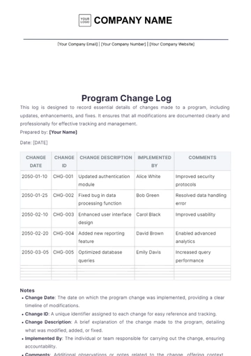 Free Program Change Log Template to Edit Online