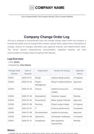 Free Company Change Order Log Template to Edit Online