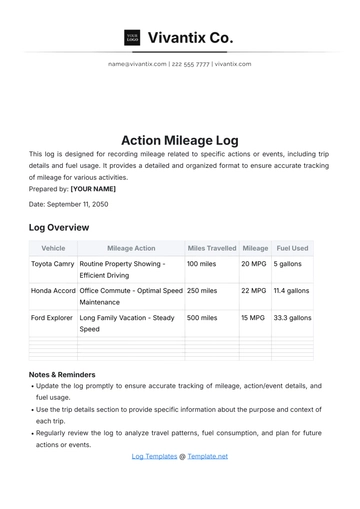 Free Action Mileage Log Template to Edit Online