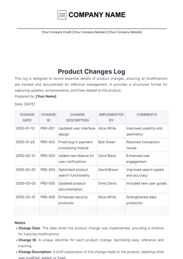 Free Product Change Log Template to Edit Online