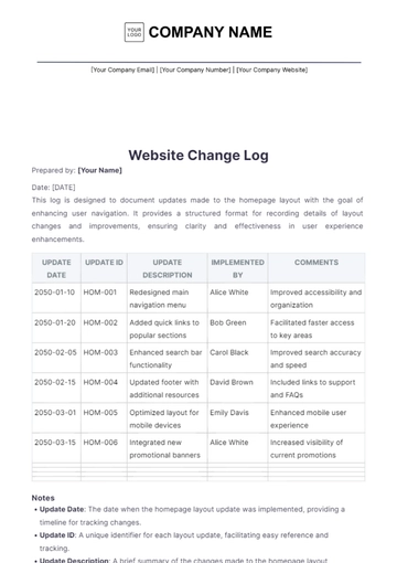 Free Website Change Log Template to Edit Online