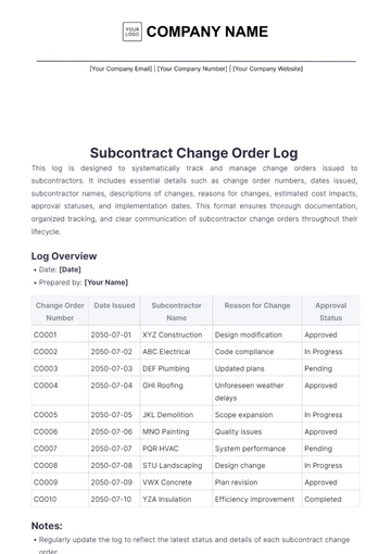 Free Subcontract Change Order Log Template to Edit Online