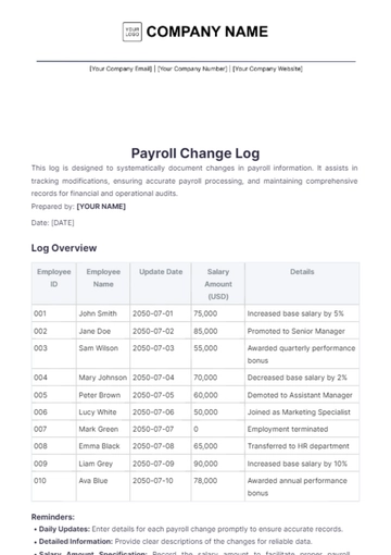 Free Payroll Change Log Template to Edit Online