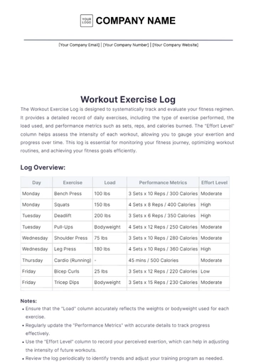 Free Workout Exercise Log Template to Edit Online