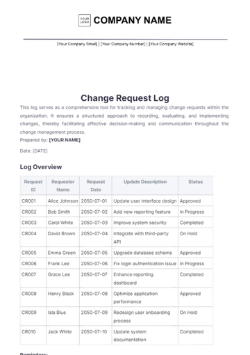Free Change Request Log Template to Edit Online