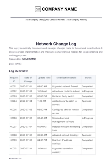 Free Network Change Log Template to Edit Online