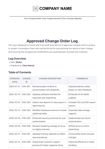 Free Approved Change Order Log Template to Edit Online