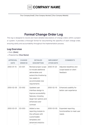 Free Formal Change Order Log Template to Edit Online