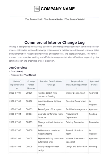 Free Commercial Interior Change Log Template to Edit Online