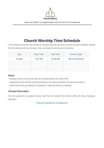 Free Church Worship Time Schedule Template to Edit Online