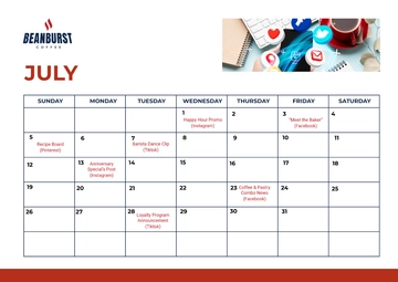 Free Cafe Social Media Calendar Template to Edit Online