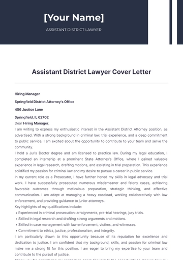 Free Assistant District Lawyer Cover Letter to Edit Online