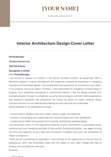 Free Interior Architecture Design Cover Letter to Edit Online