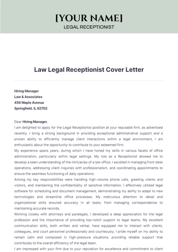 Free Law Legal Receptionist Cover Letter to Edit Online
