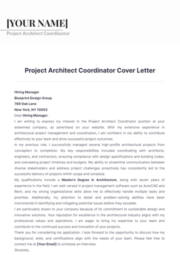 Free Project Architect Coordinator Cover Letter to Edit Online