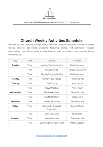 Free Church Weekly Activities Schedule Template to Edit Online