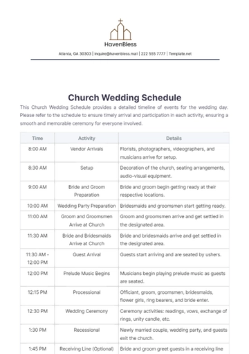 Free Church Wedding Schedule Template to Edit Online
