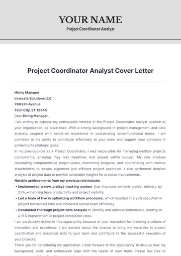 Free Project Coordinator Analyst Cover Letter to Edit Online