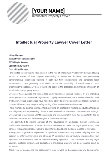 Free Intellectual Property Lawyer Cover Letter to Edit Online
