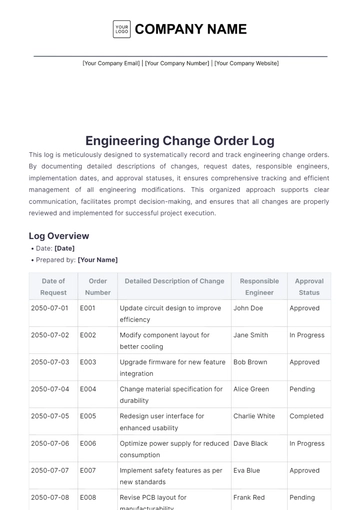 Free Engineering Change Order Log Template to Edit Online