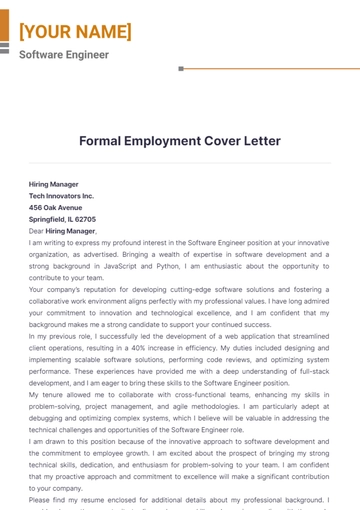 Free Formal Employment Cover Letter to Edit Online