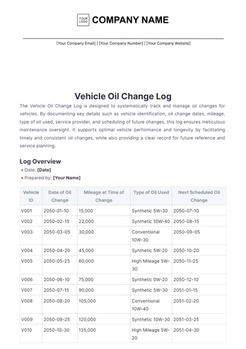 Free Vehicle Oil Change Log Template to Edit Online