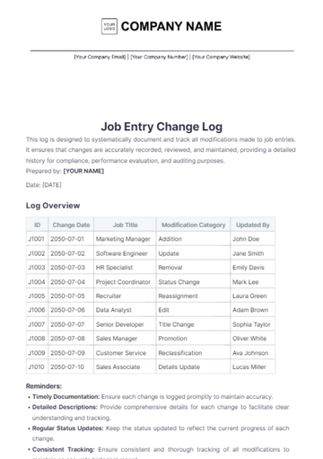 Free Job Entry Change Log Template to Edit Online