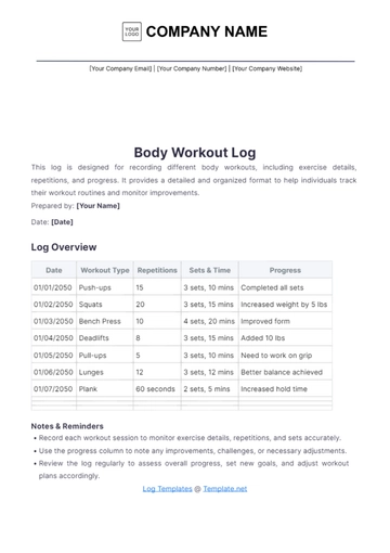 Free Body Workout Log Template to Edit Online