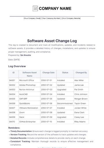 Free Software Asset Change Log Template to Edit Online