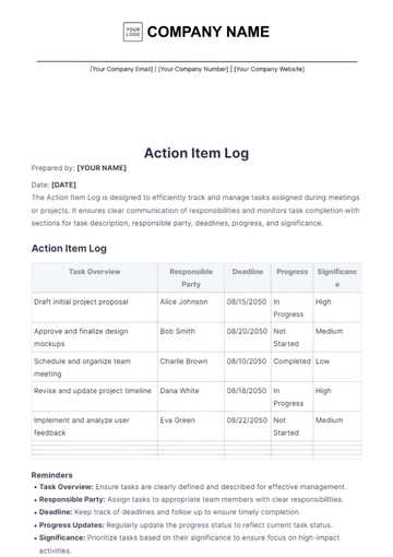 Free Action Item Log Template to Edit Online