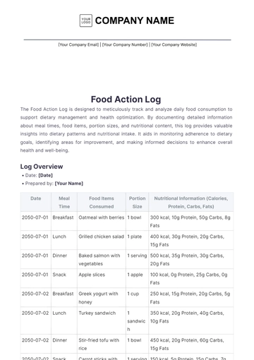 Free Food Action Log Template to Edit Online